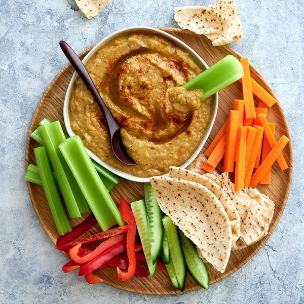Baba Ghanoush with Vegetable sticks and Flat bread