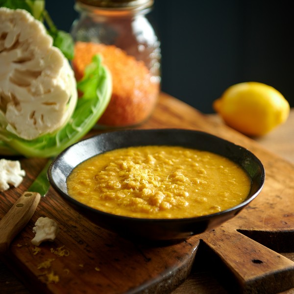 Bowl of Cauliflower and Curried Lentil Soup Photo