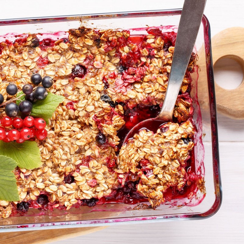 Mixed Berry and Oat pudding in a baking dish