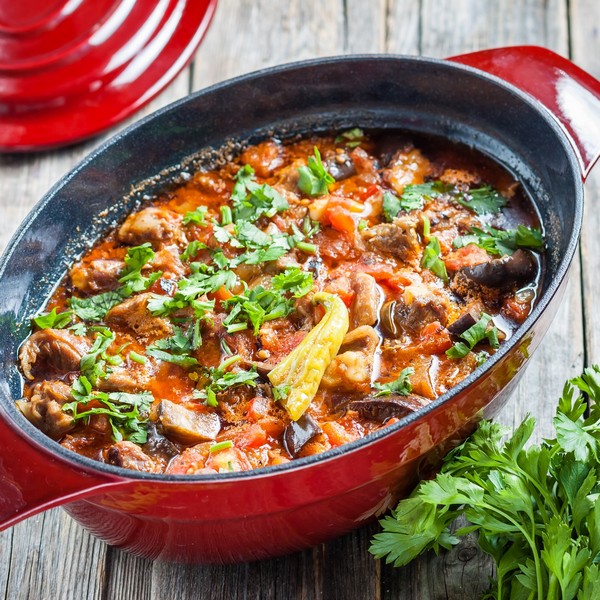 braised lamb with eggplant and vegetables in red pot