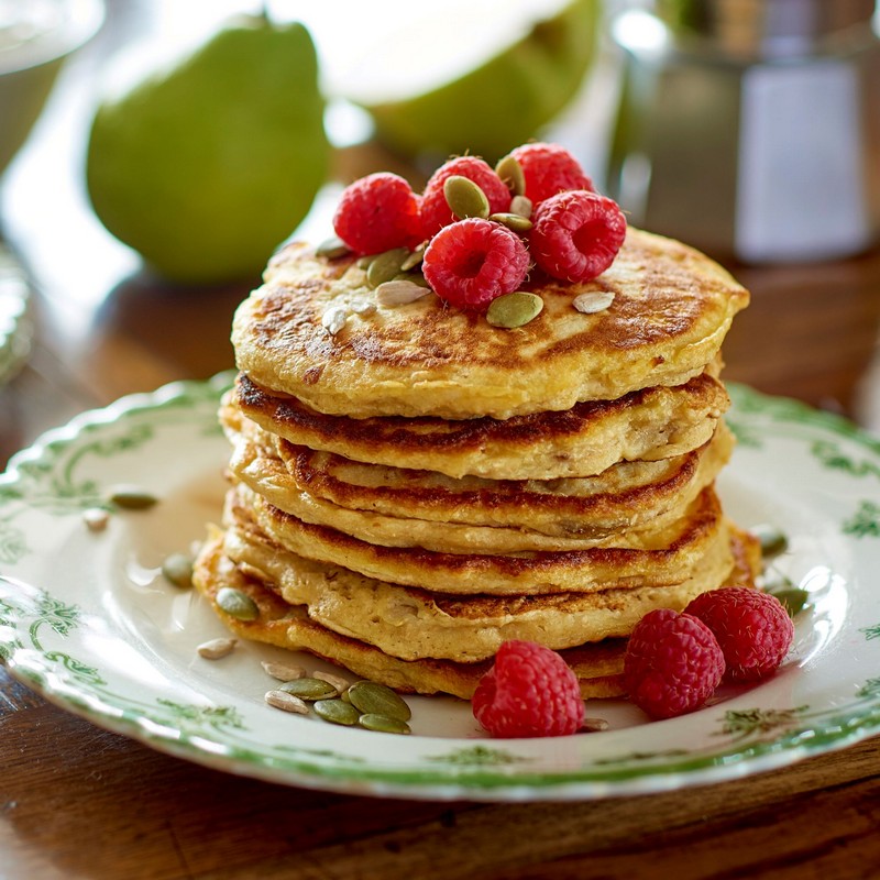 stacks of pear pancakes with fruit salad