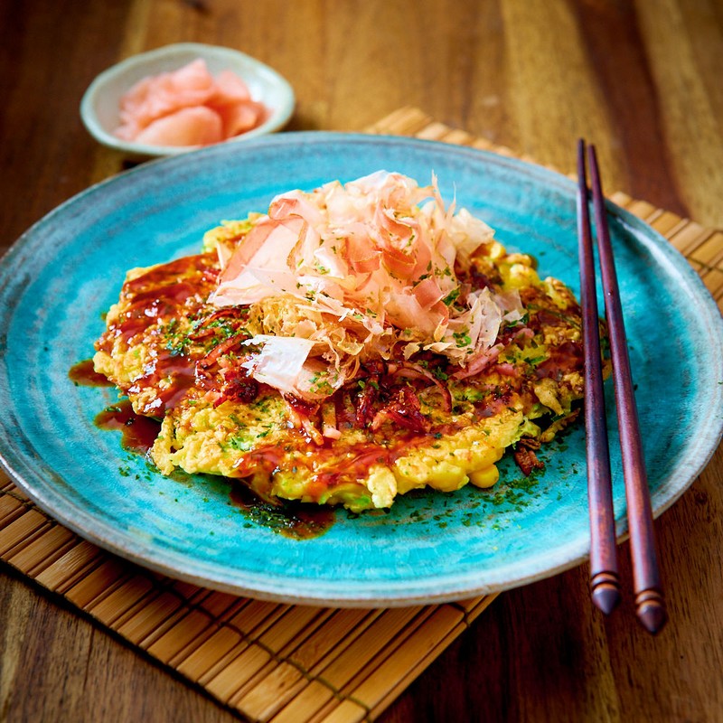 Cabbage Okonomiyaki on a Wooden Table