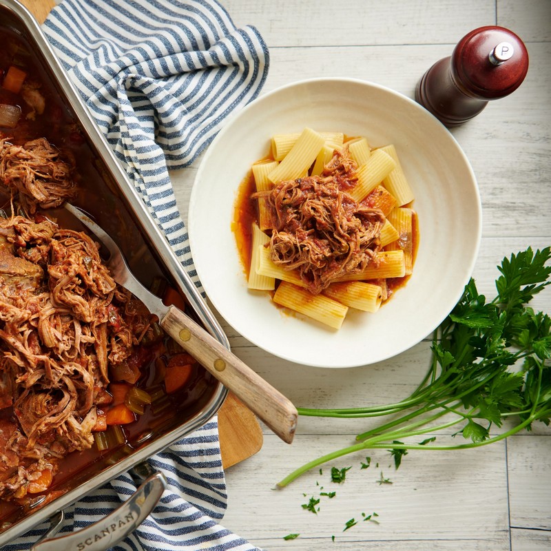 Slow Cooked Beef Ragu on White Table