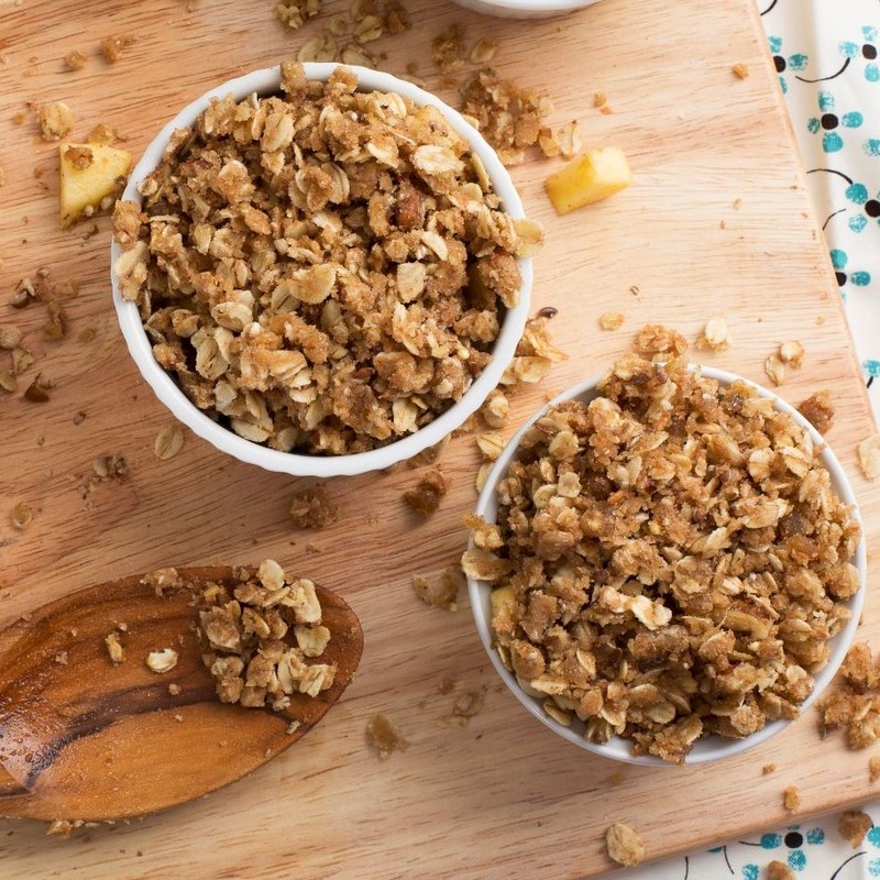 Apple and Pear Crumble Bowls on Wooden Board