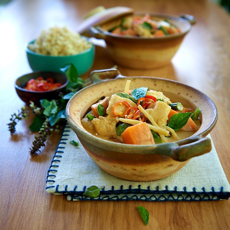 Bowl of Thai Red Fish Curry with Bamboo Shoots