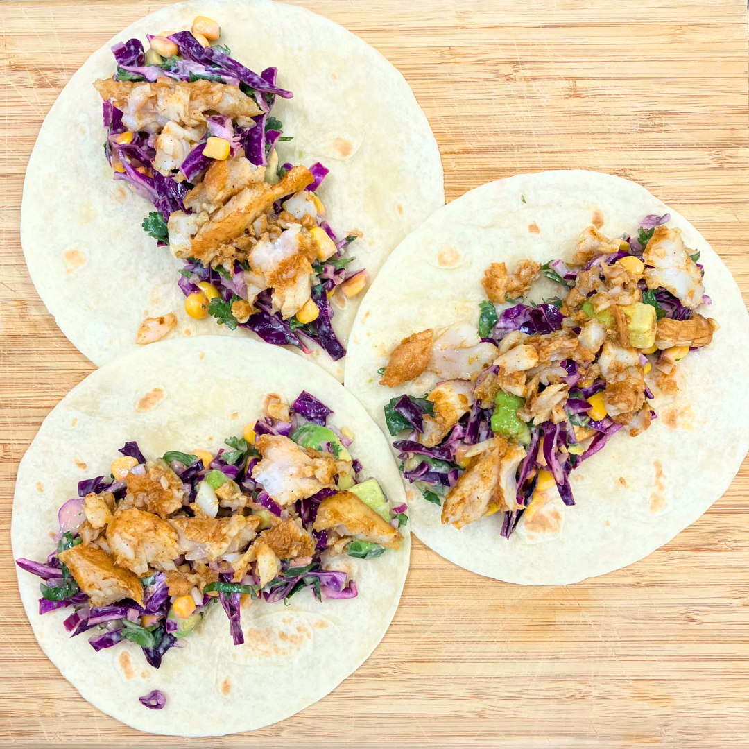 Fish Tacos with Corn and Avocado Slaw